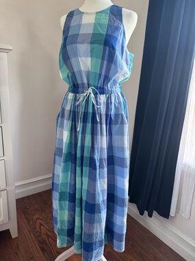 LOFT Blue and Teal Plaid Midi Dress